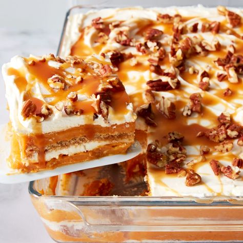 Pumpkin Cheesecake Lasagna Pumpkin Cheesecake Lasagna, Cheesecake Lasagna, Layered Pumpkin Dessert, Pecan Cobbler, Awesome Desserts, Pumpkin Pecan Pie, Pumpkin Desserts, Homemade Caramel Sauce, Layered Desserts