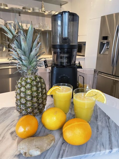 pineapple Orange Ginger Juice using the Nama J2 Juicer Discount Code Pineapple Juice Recipes Juicers, Juicer Recipes Pineapple, Juicing Recipes Pineapple, Juicer Recipes With Pineapple, Pine Apple Juice Recipes, Orange Pineapple Juice Recipe, Nama Juicer Recipes, Fresh Pineapple Juice, Nama J2 Juicer Recipes