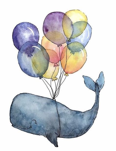 Cute Whale Art, Watercolor Cute Animals, Whale Illustration Cute, Cute Whale Drawing, Whale Balloon, Drawing Whale, Whale Watercolour, Whale Cute, Akvarel Illustration