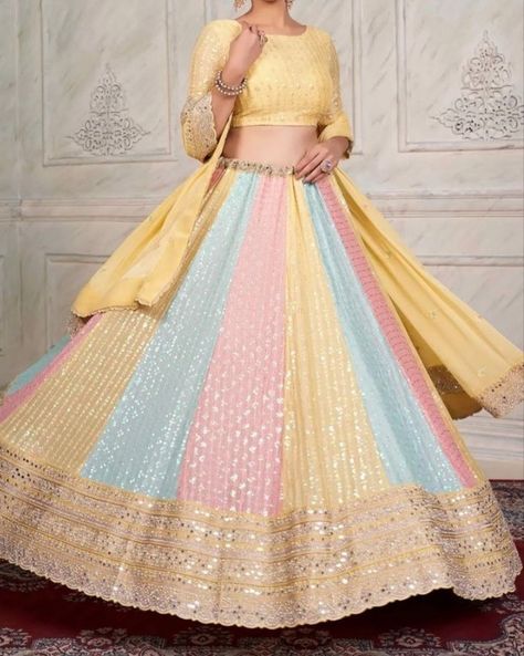 Triple Colour Lehenga, Colour Full Lehenga, Straight Lehenga, Holud Outfit, Multi Colour Lehenga, Wedding Occasion Outfits, Best Indian Wedding Dresses, Cotton Tops Designs, Party Wear Gowns