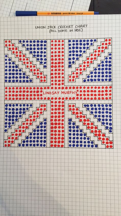 Union Jack graph made for a crochet sample I made. Union Jack Crochet Pattern, Crochet Union Jack Pattern, Union Jack Crochet, Crochet Union Jack, Cross Stitch Projects, Union Jack Flag, Crochet Pillow, Crochet Patterns Free, Crochet Creations