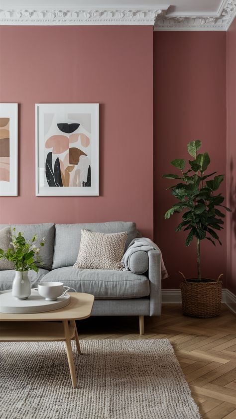 Behr Dusty Rose, Behr Pink Paint Colors, Dusty Rose Paint Color, Dusty Pink Living Room, Grey Accent Walls, Dusty Pink Walls, Dusty Pink Paint, Warm Living Room Ideas, Pink Living Room Ideas