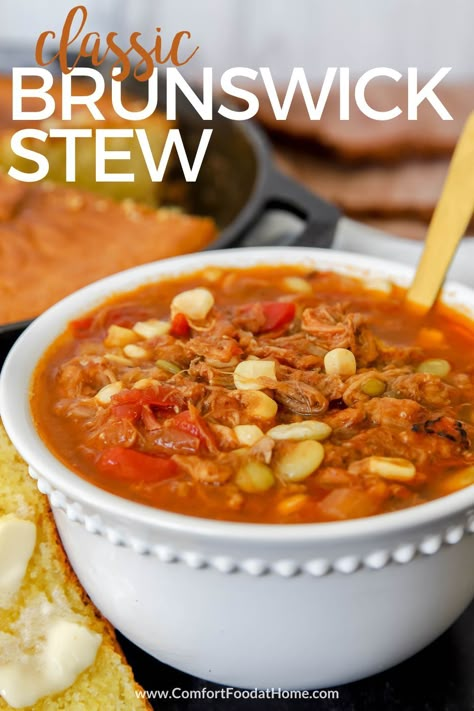 If you ask any Southerner about their favorite comfort foods, chances are Brunswick stew is in the top five. Make bowls full of this soul-warming goodness yourself with my family's Brunswick stew recipe. North Carolina Brunswick Stew, Smithfield Brunswick Stew Recipe, Georgia Brunswick Stew, Brisket Brunswick Stew, New Brunswick Stew, Traditional Brunswick Stew Recipe, Stew Recipe Crockpot, Homemade Brunswick Stew Recipe, Southern Brunswick Stew Recipe