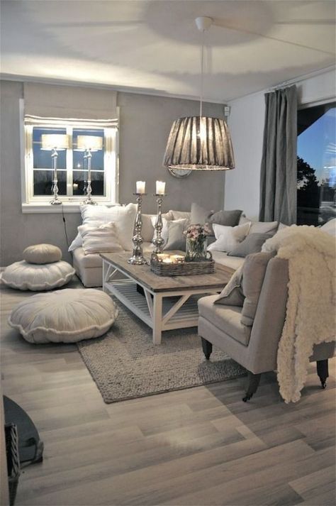 My sofa is this colour, so I'm using this exact picture for inspo in my lounge! Love the colours and the fabrics Grey Inspiration, Budget Living, Small Bedrooms, Decor Shabby Chic, Neutral Living Room, Chic Living Room, Wooden Floor, Design Del Prodotto, Room Decorating