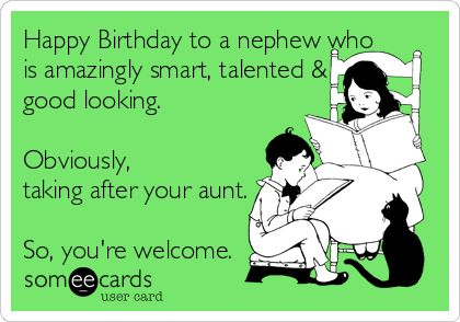 Free, Birthday Ecard: Happy Birthday to a nephew who is amazingly smart, talented & good looking.  Obviously,  taking after your aunt.  So, you're welcome. Happy Birthday Nephew Funny, Hilarious Ecards, Happy Birthday Humorous, Birthday Nephew, Birthday Ecards Funny, Happy Birthday For Her, Happy Birthday Nephew, Happy Birthday For Him, Funny Happy Birthday Wishes