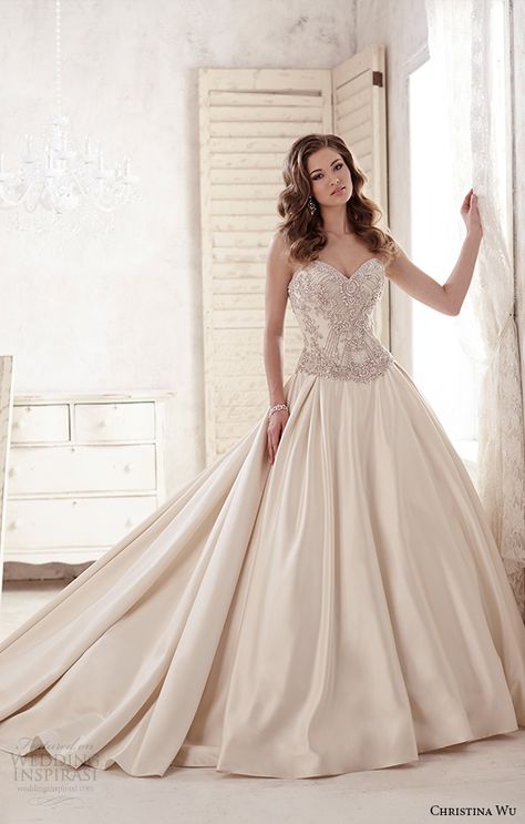 Weddinginspirasi.com featuring - christina wu wedding dresses 2015 strapless sweetheart neckline beaded bodice satin champagne wedding ball gown dress 15581 -- Christina Wu 2015 Wedding Dresses #wedding #weddings #bridal #weddingdress #weddingdresses #bride #fashion #artdeco #ballgown #basque #capsleeves #designer:LilyTsaiKo #HouseofWu #illusion #illusionback #label:ChristinaWu #mermaid #sleeveless #sleeves #strapless #sweetheart #week:302015 #year:2015 ~ Christina Wu Wedding Dress, Wedding Ball Gown Dresses, Christina Wu, Satin Wedding Gown, Dresses Satin, 2015 Wedding Dresses, Ball Gown Skirt, Wedding Dresses Strapless, A Wedding Dress