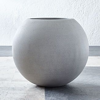 Indoor Outdoor Planters | Crate and Barrel Round Planters, Large Outdoor Planters, Sphere Light, Gray Planter, Fiberglass Planters, Indoor Outdoor Planter, White Planters, Outdoor Pots, Large Planters