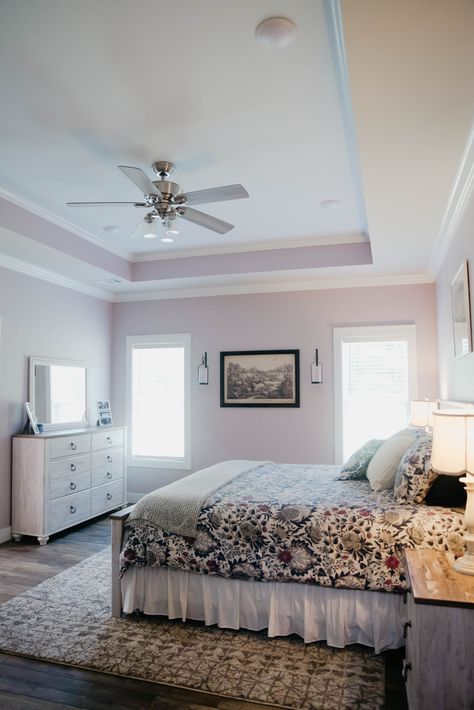 Master bedroom design. Modern farmhouse. Farmhouse Decor. Farmhouse Style. Tray ceiling. Vaguely Mauve Sherwin Williams. Sherwin Williams Vaguely Mauve, Vaguely Mauve Sherwin Williams, Blue And Mauve Bedroom, Mauve Sherwin Williams, Vaguely Mauve, Mauve Bedroom Ideas, Mauve Bedroom, Closet In Bedroom Ideas, Open Closet In Bedroom