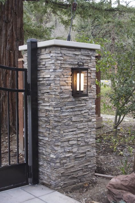 Eldorado stone, Nantucket Stacked Driveway Entrance Landscaping, Tor Design, Simply Organized, Gate Lights, Stone Driveway, Driveway Lighting, Driveway Entrance, Entrance Gates Design, Stone Pillars