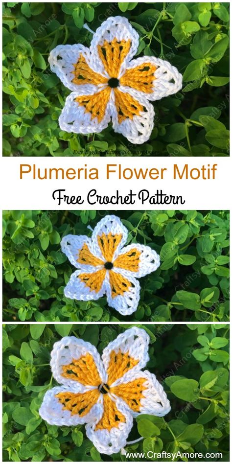 Crochet Plumeria Flower Motif Free Pattern Crochet Plumeria Flower Free Pattern, Crochet Plumeria, Puff Flower, Crochet Puff Flower, Crochet Flowers Free Pattern, Flowers Crochet, Crocheted Flowers, Flower Pattern Design, Hand Embroidery Flowers