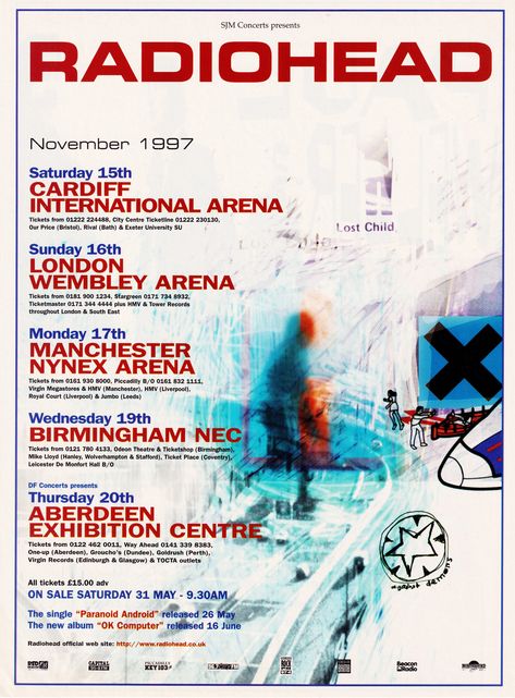 Radiohead Ok Computer, Radiohead Poster, Poster Magazine, Grunge Posters, Ok Computer, Uk Tour, Music Poster Design, Tour Poster, Tour Posters