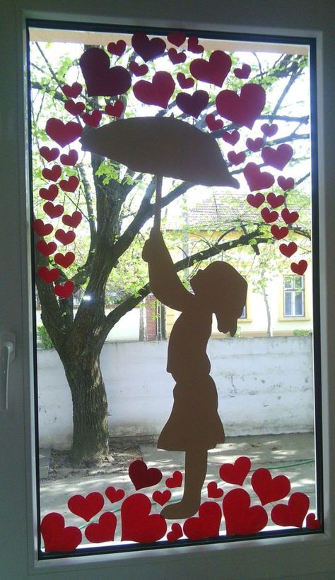 Valentines Day Window Silhouette Decoration Valentines Window Display, Valentine Door Decorations, Diy Valentine, Door Decorations Classroom, Classroom Valentine, Paper Heart, Paper Hearts, Window Art, Window Painting