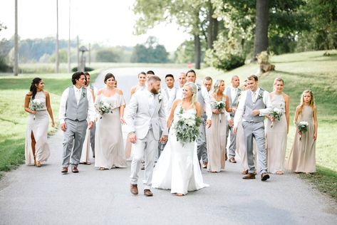 Bridal party attire #grey #taupe #showmeyourmumu #bridesmaid #bridesmaiddresses #groomsmen #groom #wedding #weddingdresses Bridal Cape Winter, Gray Wedding Party, Taupe Bridesmaid, Beige Bridesmaids, Bridal Parties Colors, Groomsmen Grey, Purple Bridal Bouquet, Bridal Party Flowers, Grey Bridesmaids