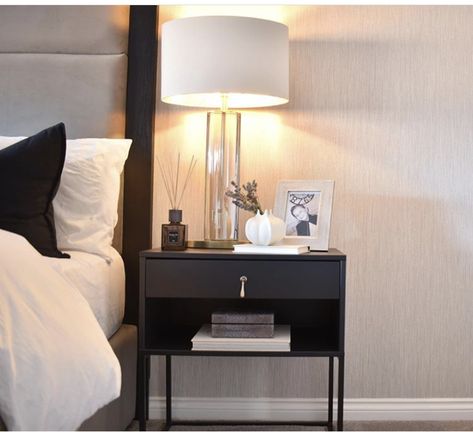 Dark Bedside Table Ideas, Vikhammer Nightstand Styling, Black Bedside Table Styling, Modern Bedside Table Decor, Black Bedside Table Ideas, Dark Bedside Table, Black Bed Side Table, Side Table Lamps Bedroom, Apartment Flip