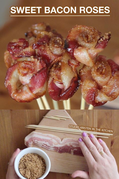 How to Make Bacon Roses with just two simple ingredients. A little time and a lot of love make this the perfect edible gift everyone will love! #StudioKristen #baconroses #baconideas Sweet Bacon, Bacon Roses, Perfect Bacon, Quick Appetizer, Make Bacon, Disneyland Ears, Chocolate Bacon, How To Make Bacon, Rose Recipes