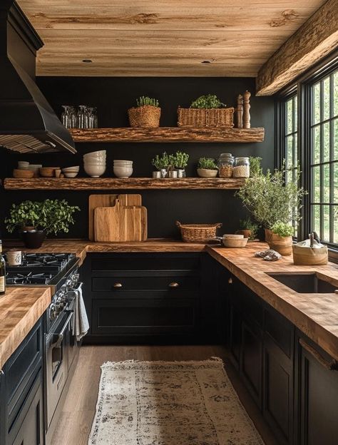 Black Kitchen Inspiration, Hygge Kitchen, Boho Kitchen Ideas, Dark Green Kitchen, Western Kitchen, Walnut Kitchen, Diy House Plans, Open Kitchen Shelves, Black Kitchen Cabinets