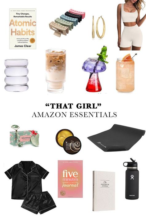 Amazon must-haves, that girl aesthetic essentials. Claw clips, five-minute journal, hydro flask, yoga mat, silk pajama set, gusha, eye masks, aesthetic cups, atomic habits book, workout set, gold hoop earrings, juicer, glass bottles for juice, ice face roller, coconut bowls, Aesthetic Clean Girl, Aesthetic Clean, Amazon Must Haves, Clean Girl Aesthetic, Girl Lifestyle, Healthy Girl, Manifestation Journal, Amazon Essentials, Good Habits