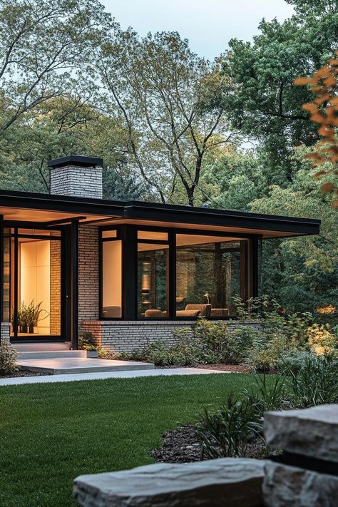 Modern House Flat Roof, Mid Century Modern Windows, Flat Roof House Exterior, Mid Century Modern Bungalow, Small Mid Century House, Modern Tiny House Plans, Mid Century Modern Landscaping, Mid Modern House, Mid Century Modern House Exterior