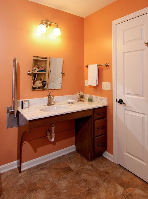 W/C accessible bathroom by Bauscher Construction of Cincinnati, OH (trifecta - sink, toilet, & shower) Accessible Bathroom Sink, Bathroom Cabinet Ideas, Ada Sink, Beautiful Bathroom Vanity, Accessible Bathroom Design, Accessible Kitchen, Ada Bathroom, Bathroom Cabinets Designs, Accessible Bathroom