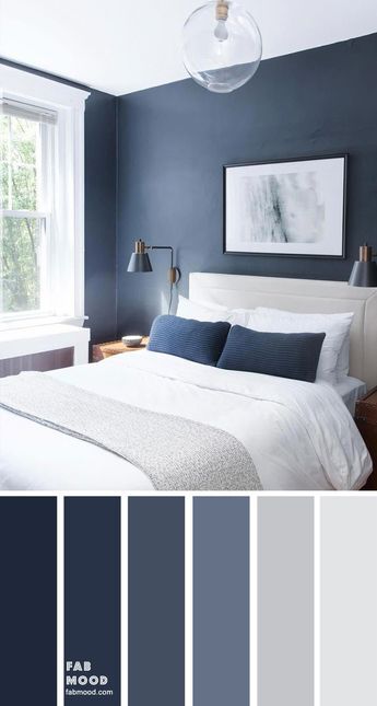 Looking for a calm and soothing bedroom paint color? Consider this dark blue and light grey color scheme for you bedroom. Please see an... Bedroom Colour Schemes Blue, Grey Colour Scheme Bedroom, Grey Bedroom Colors, Light Gray Bedroom, Soothing Bedroom, Beautiful Bedroom Colors, Blue Bedroom Walls, Bedroom Wall Colors, Grey Bedroom