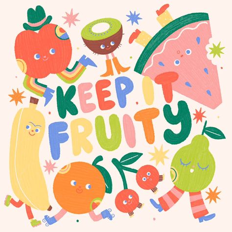 Keep it fruity lettering, cute watermelon, banana, lemon, orange, apple, coconut illustrations. Artwork by Pip Wren Lemon Artwork, Watermelon Illustration, Apple Illustration, Orange Apple, Cute Watermelon, Fruit Illustration, Food Stickers, Wallpaper Pictures, May 22