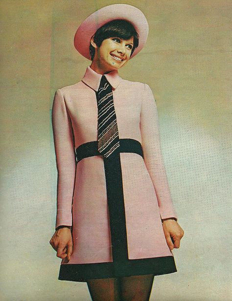 Cute dress? Check! Cute hat? Check! Cute tie? Check! Cute smile? Check! #1960s (Ted Lapidus, French Vogue April 1969) | via Classic Style of Fashion (First) 60s Mod Fashion, Decades Of Fashion, 1960 Fashion, Mode Rose, Ted Lapidus, 1960's Fashion, French Vogue, 60s 70s Fashion, 60s And 70s Fashion