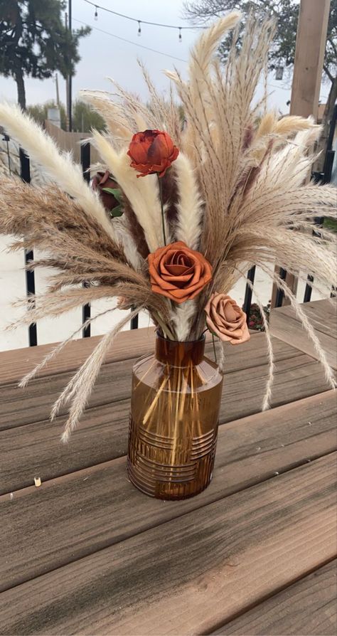 Fall Wedding Centerpieces Pampas, Boho Vases Wedding, Western Chic Centerpieces, Boho Western Table Centerpieces, Mason Jars With Pampas, Terracotta Wedding Head Table, Terracotta Aisle Decor, Terracotta Boho Centerpiece, Easy Pampas Grass Centerpiece