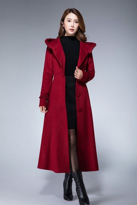 Red Coat Aesthetic, Fancy Winter Coat, Modern Red Riding Hood, Red Winter Outfits, Red Coat Outfit Winter, Red Trench Coat Outfit, Wine Red Coat, Red Coat Outfit, Long Red Coat