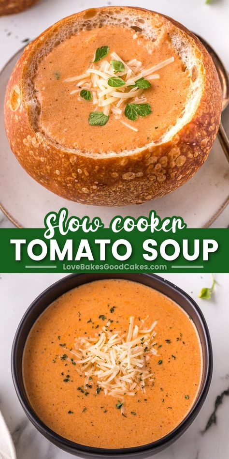 Slow Cooker Tomato Soup pin collage Crockpot Tomato Soup, Slow Cooker Tomato Soup, Tomato Bisque Soup, Fresh Tomato Soup, Bisque Soup, Crockpot Soup Recipes, Best Soup Recipes, Slow Cooker Dinner, Tomato Soup Recipes