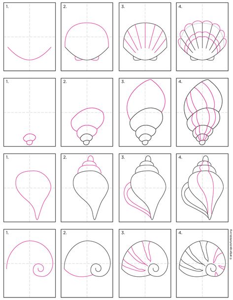 How to Draw a Sea Shell · Art Projects for Kids Shell Doodles Easy, Sea Shell Doodle, How To Draw A Sand Dollar, Draw Summer Ideas, Summer Ideas Drawing, How To Paint Shells, How To Draw Summer, Easy Shell Drawing, How To Draw The Beach