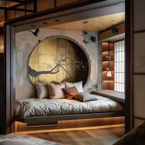 bedroom nook japandiroc Zen Luxury Bedroom, Tiny Japanese Bedroom, Bed Nook Ideas, Purple Bedrooms Ideas, Bedroom Ideas Japanese Style, Outside Library, Japanese Themed Bedroom, Bedroom Design Japandi, Japanese Room Aesthetic