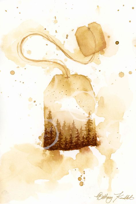 "Giclee fine art reproduction created by Beth Knittel features an imaginative tea bag pine tree world. Created in a loose, atmospheric style, this relaxing and inviting watercolor painting is the perfect print for any room any day.  All prints are made to order and lovingly packaged by the art printing experts at FinerWorks.  Print Details: Unframed Orientation: Portrait Size:  5 x 7\" 8\" x 12\" Materials:  Original work was created using watercolor, fine liner, colored pencil and gouache on co Tea Bag Watercolor, Tea Art Aesthetic, Color Water Art Inspiration, Tea Watercolor Painting, Tea Bag Doodle, Tea Bag Art Ideas, Tea Art Drawing, Watercolor Drawings Aesthetic, Tea Art Illustration