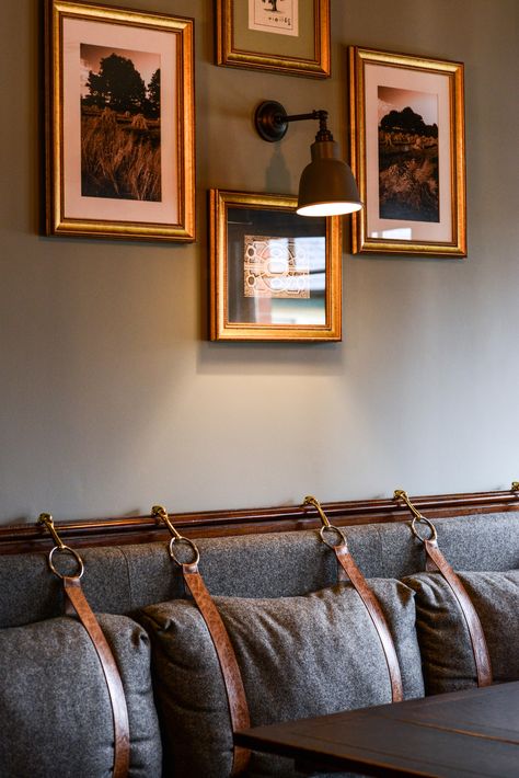 Green Dragon, Market Lavington - Focus Design. Strap Back Fixed Seating Green Banquette, Pub Seating, Banquette With Leather Straps, Banquette Seating With Leather Straps, Long Bench Seating Cafe, Wall Bench Seating Restaurant, Long Booth Seating Restaurant, Pub Interior Design, Pub Interior