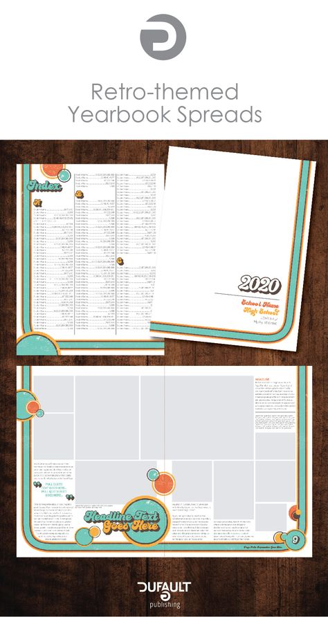 Layout ideas for your retro-themed book; Title Page and Index. Keep your layouts organized, but energized. Retro Yearbook Theme Pages, Retro Yearbook Ideas, Retro Yearbook Spreads, Retro Yearbook Theme, Book Title Page, Yearbook Templates, Yearbook Template, Yearbook Spreads, Yearbook Layouts