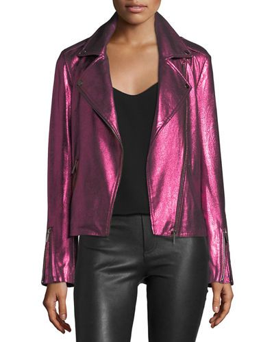 TWDBB Neiman Marcus Leather Collection Metallic Suede Motorcycle Jacket Leather Jacket Styles, Leather Jacket Looks, Holographic Black, Leather Flight Jacket, Super Fly, Pink Leather Jacket, Color Magenta, Pink Metallic, Flight Jacket