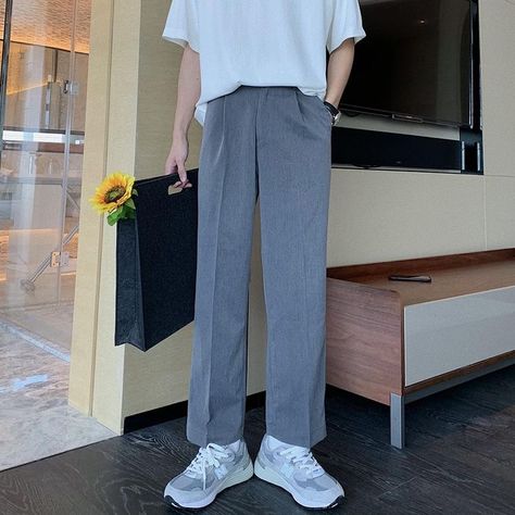 Grey Trousers Outfit Men, Grey Trousers Outfit, Korean Outfits Men, Wide Pants Outfit, Trousers Outfit Men, Literal Legend, Slacks Outfit, Grey Pants Men, Korean Pants