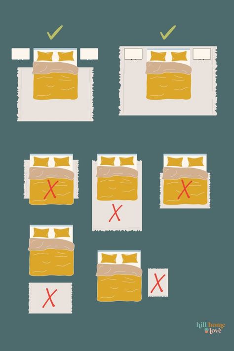 A visual guide to finding an area rug size for bedrooms, dining rooms, and other areas Bedroom Carpet Placement, Area Rug Size Guide, Bedroom Rug Placement, Interior Design Basics, Decorating Rules, Rug Placement, Design Tricks, Area Rug Size, Design Basics