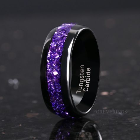 Tungsten Rings Women's, Alexandrite Rings, Alexandrite Rings For Men, Mens Wedding Ring Alexandrite, Alexandrite Mens Ring, Purple Rings For Men, Purple And Black Wedding Rings, Purple And Black Ring, Black Opal Engagement Ring Set