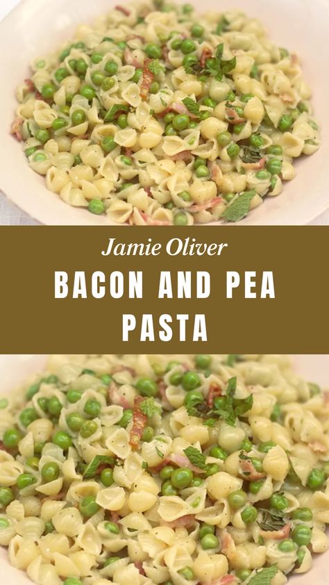 Jamie Oliver Bacon And Pea Pasta Mini Shell Pasta, Bacon And Pea Pasta, Pea Pasta Recipe, Streaky Bacon, Pea Pasta, Shell Pasta, Stuffed Pasta Shells, Delicious Dinner, Frozen Peas