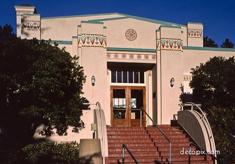 Art Deco Architecture ~ U.S.A. | Orinda Public Library, Orinda, California. Photo by decopix via Flickr. South Gate California, Orinda California, Tile Terracotta, Art Deco Tile, Deco Tile, Art Deco Tiles, Rustic Landscape, South Gate, School Campus