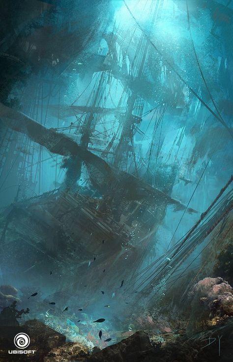 Dark Underwater Aesthetic, Underwater Kingdom Aesthetic, Shipwreck Underwater, Underwater Shipwreck, Underwater Ruins, Navi A Vela, Ghost Ship, Pirate Life, Fantasy Places