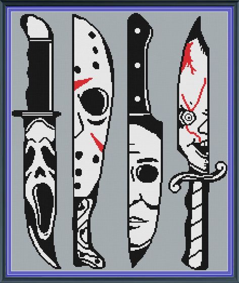 Horror Knives is a digital pattern (available in PDF format only) that can be used to crochet a blanket using various techniques, such as C2C,  Mini C2C, SC, HDC, DC, TSS or Bobble Stitch. You can also use this product for cross stitch, knitting, hama beads, plastic canvas, diamond painting and other crafts. This pattern comes with row by row instructions for SC. Colours Used : 4 Graph Size : 200x240 The finished size of this design depends on not just the graph size, but also the stitch of choice, hook size, yarn thickness etc.  You can use these calculators to get an idea about the finished size of your crochet project: For SC, TSS, HDC, DC  eg https://mystressbydesign.weebly.com/yarncalc.html For C2C or Mini C2C https://mystressbydesign.weebly.com/c2cyarncalc.html Pattern will be sent t Horror Movie Graphgan, Horror Movie Cross Stitch Patterns, Horror Crochet Blanket Pattern, Crochet Horror Blanket, Cross Stitch Horror, Horror Cross Stitch Pattern, Horror Movie Crochet, Horror Perler Beads, Horror Pixel Art