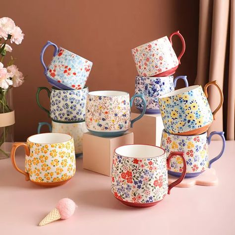 Floral Coffee Mugs, Ceramic Painting Ideas Mugs Inspiration, Ceramic Cup Painting Ideas, Boho Mugs, Floral Ceramics, Maximalist Floral, Mug Product, Boho Mug, Floral Mugs