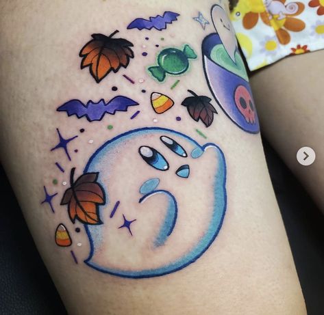 Cute Kirby Tattoo, Pokemon Ghost Tattoo, Spooky Cute Tattoo, Halloween Pokemon Tattoo, Kawaii Halloween Tattoo, American Traditional Kirby Tattoo, Kawaii Horror Tattoo, Spooky Kawaii Tattoo, Disney Stitch Tattoo