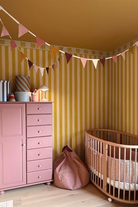 Kids Room Colorful, Bright Color Nursery, Striped Bedroom Walls, Colorful Baby Room, Playroom Wall Mural, Yellow Kids Room, Yellow Kids Bedroom, Funky Nursery, Baby Room Mural