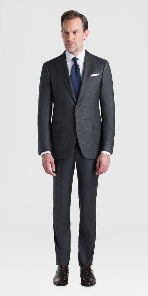 Gray Glen Plaid Suit in Loro Piana Tasmanian® Wool Fabric - Savoy Line | Black Lapel Check Suits, Fitted Suits, Grey Check Suit, Suit For Men Wedding, Dark Gray Suit, Tweed Men, Mens Dress Outfits, Men's Business Outfits, Charcoal Suit