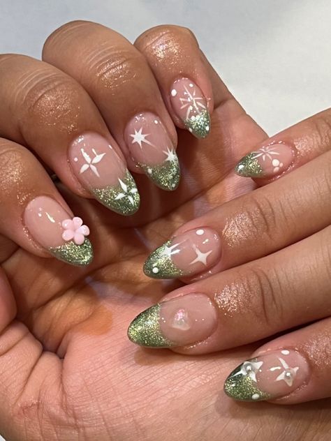 GelX nail designs 🤍 Nail Designs Fairycore, Green Tinkerbell Nails, Nature Inspired Nails Green, Fairy Core Nails Aesthetic, Fairycore Nail Art, Spring Fairy Nails, Fairy Nails Simple, Fairy Vibe Nails, Tinkerbell Nail Art