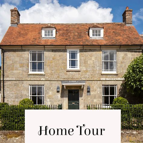 home tour Blue Painted Cabinets, European Cottage, Dorset England, Brass Kitchen Faucet, Blue Throw Blanket, Outdoor Eating, Patio Flooring, Trestle Dining Tables, Rolled Arm Sofa