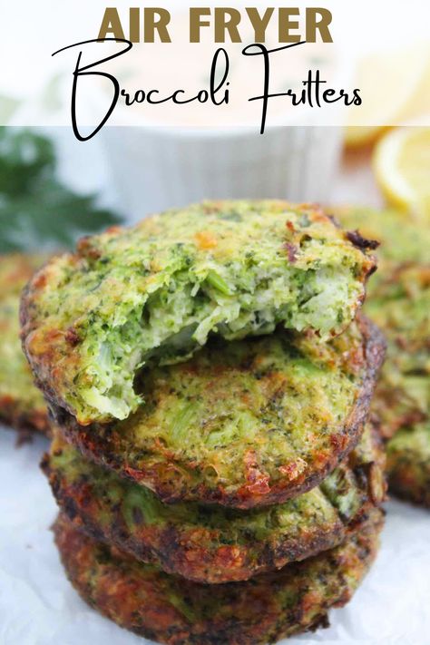 These air fryer broccoli fritters are made in less than 30 minutes with simple, everyday ingredients. They're packed with parmesan and cheddar cheese then air fried until the edges are perfectly golden and crispy. Even the kids will love this recipe. #airfryerrecipes #airfryerfritters #broccolifritters #broccolirecipes Air Fryer Veggie Patties, Broccoli Pattie’s, Broccoli Parmesan Fritters, Brocoli Recipes Air Fryer, Healthy Broccoli Fritters, Breaded Broccoli Air Fryer, Broccoli And Cheese Fritters, Broccoli Fries Air Fryer, Brocolli Recipes Airfryer