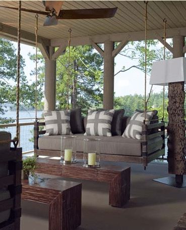 Beautiful Lake House Decor inspiration | The Turquoise Home Front Porch Swing, Lake House Interior, Porch Swing Bed, Backyard Hammock, Garage Loft, Sleeping Porch, Rustic Porch, Cozy Patio, Patio Swing